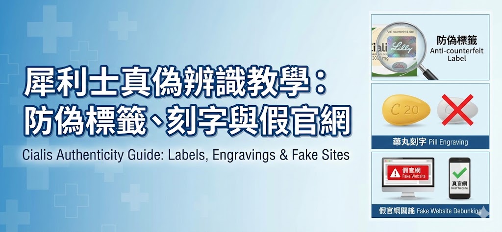 犀利士真偽辨識教學：防偽標籤、藥丸刻字與假官網闢謠 藥物外觀與包裝示意圖