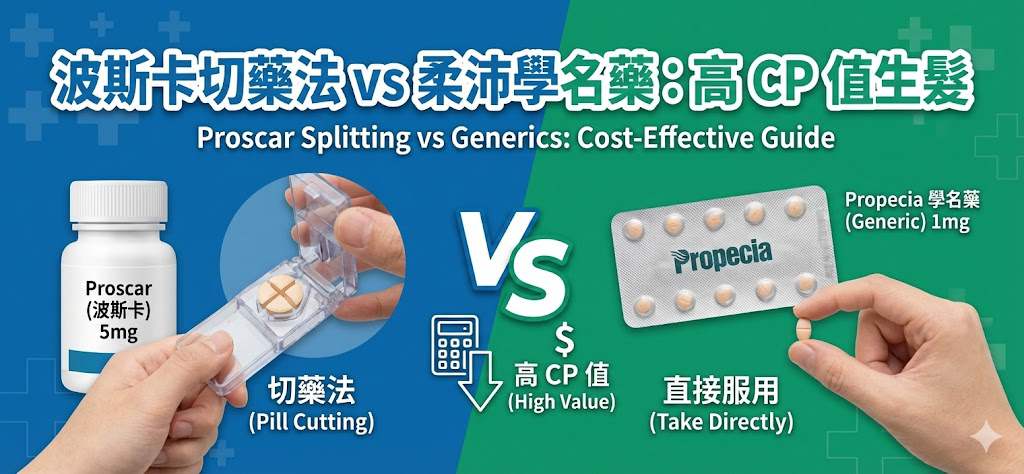 波斯卡 (Proscar) 切藥法與柔沛學名藥：高 CP 值生髮攻略 藥物外觀與包裝示意圖